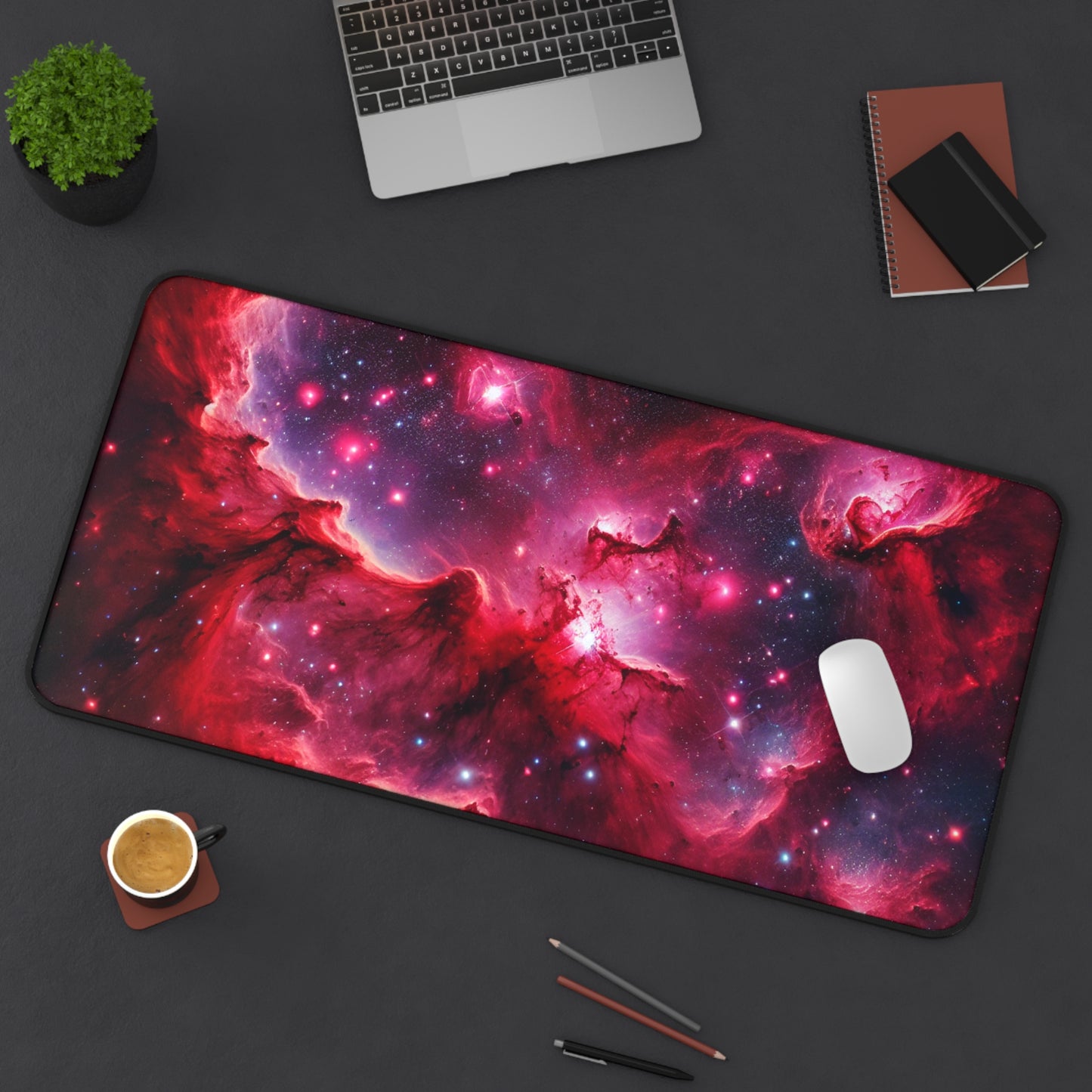 Red Galaxy Desk Mat - 'Passion Nebula' - Cosmic Gaming & Office Decor