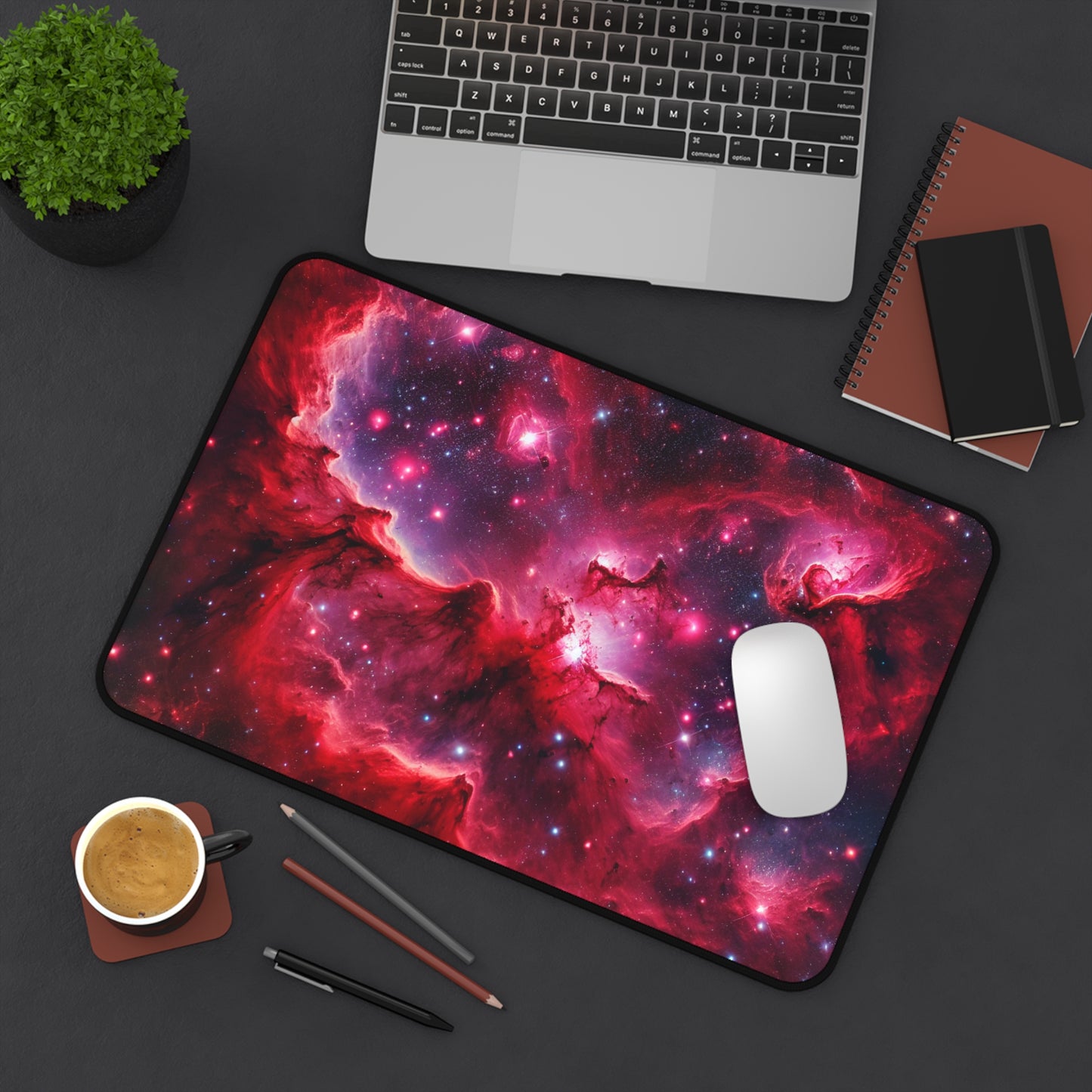 Red Galaxy Desk Mat - 'Passion Nebula' - Cosmic Gaming & Office Decor